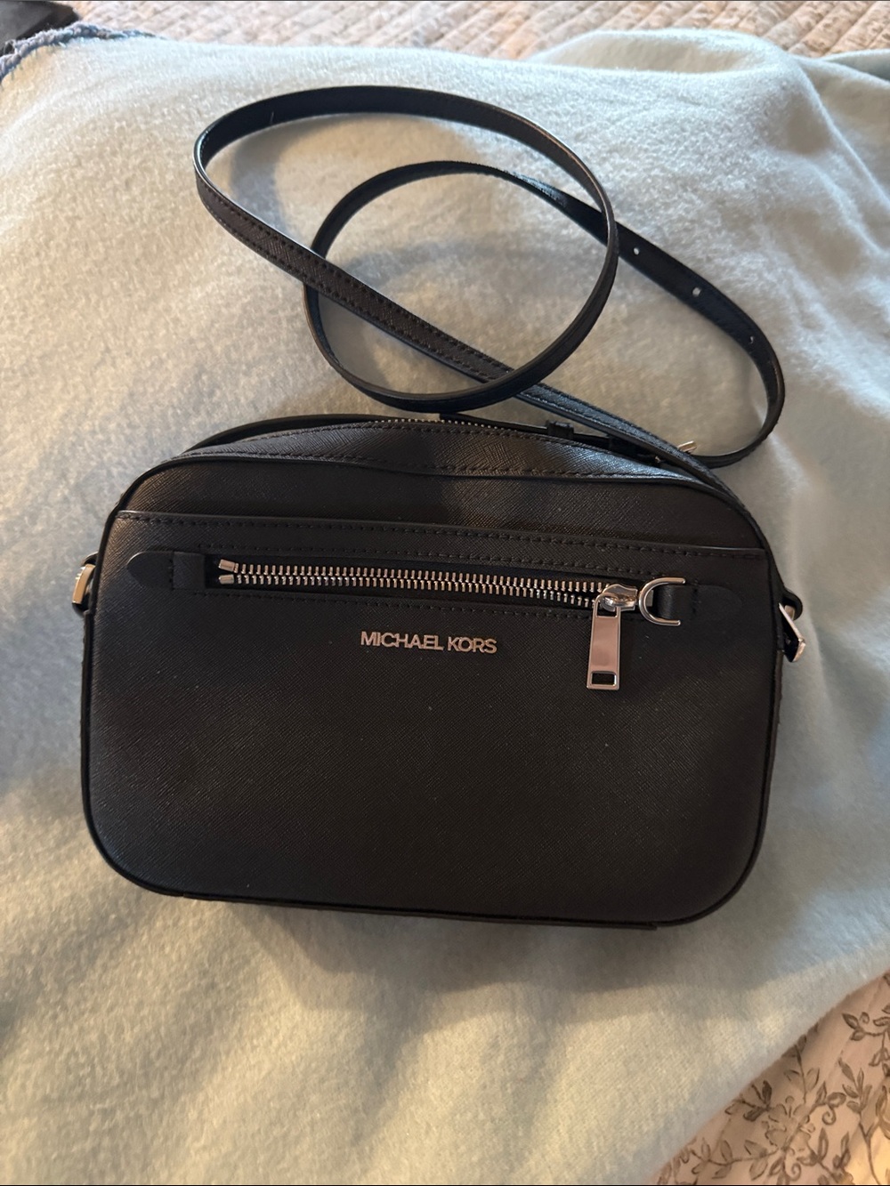 Michael Kors Black Saffiano Leather Crossbody with Silver Hardware